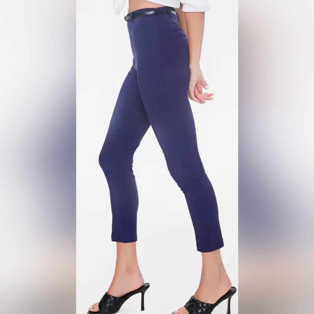 Forever 21 Women's Junior Sz Small Navy Blue Slim Leg Side Zip Pants With Belt